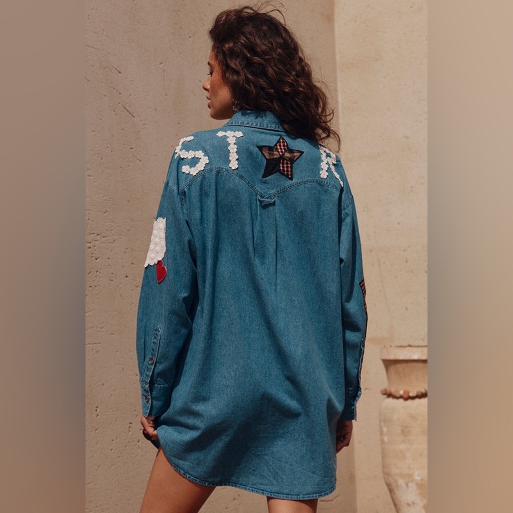 Spell Bombshell Patchwork Denim Shirt with Heart … - image 3